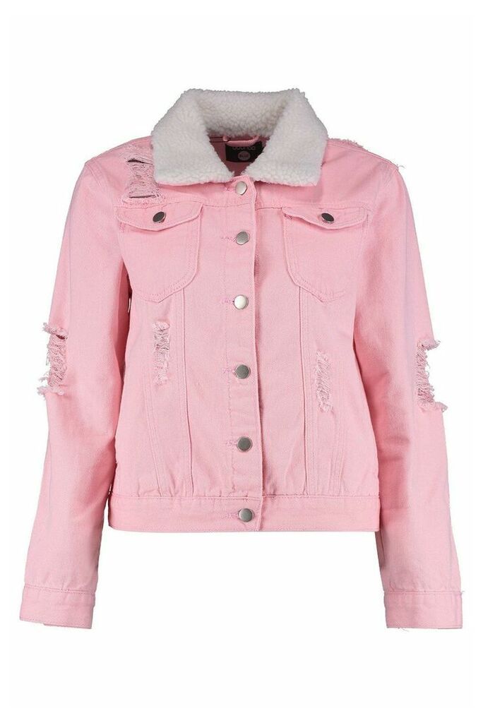 Womens Borg Collar Slim Fit Denim Jacket - Pink - 8, Pink
