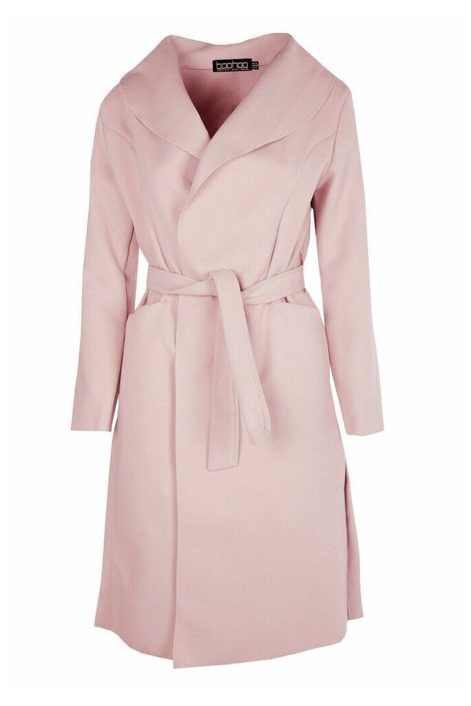 Womens Belted Wool Look Shawl Collar Coat - pink - M/L, Pink