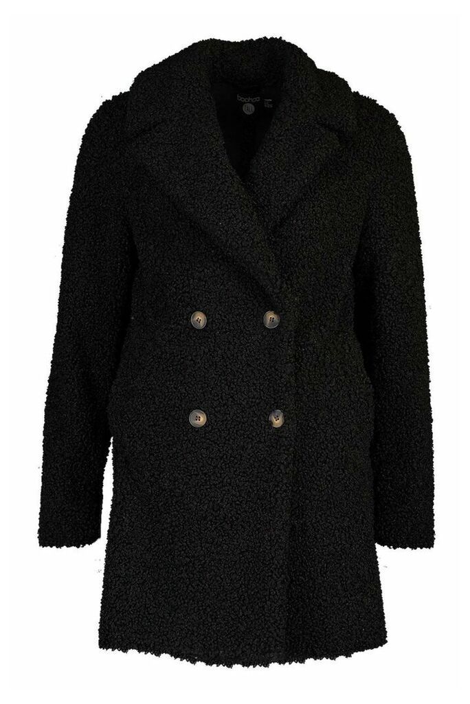 Womens Tall Double Breasted Teddy Faux Fur Coat - black - 16, Black