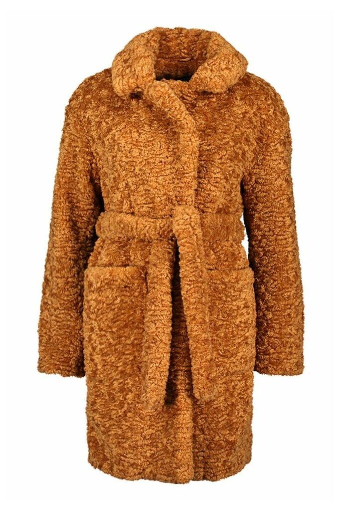 Womens Tall Belted Faux Fur Teddy Coat - beige - 16, Beige