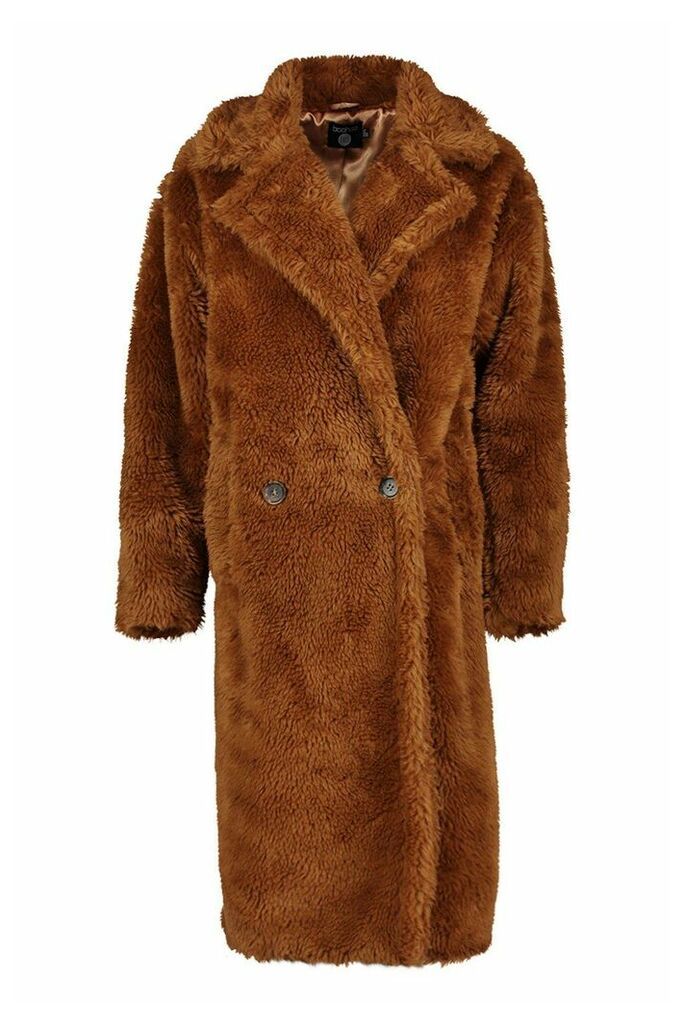 Womens Tall Oversized Faux Fur Teddy Coat - brown - 14, Brown