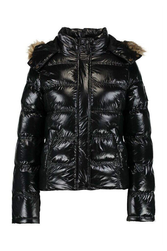 Womens High Shine Hooded Padded Coat With Faux Fur Trim - black - 14, Black