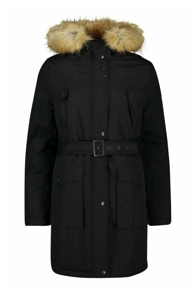 Womens Tall Belted Parka With Faux Fur Trim Hood - Black - 6, Black