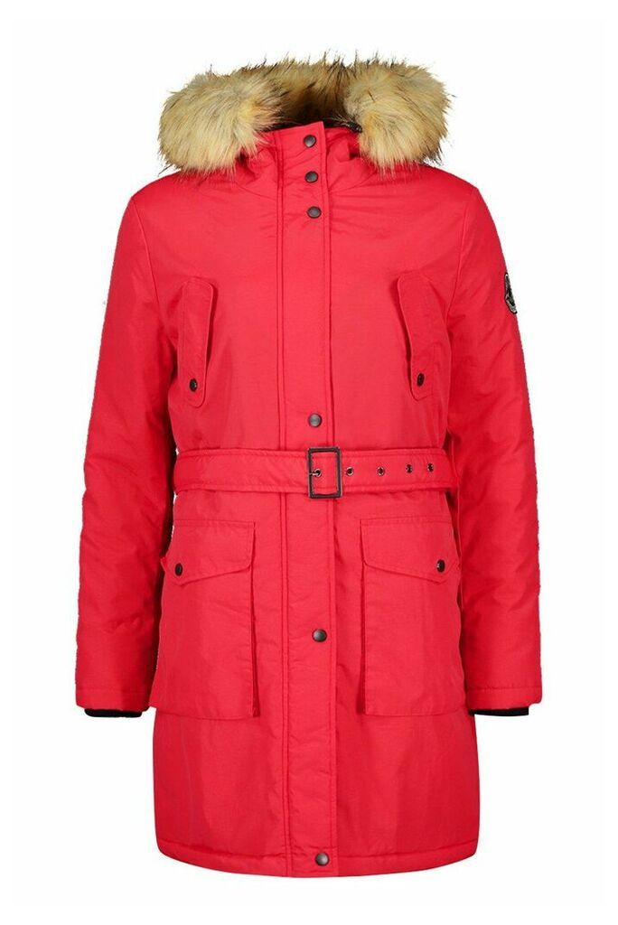 Womens Tall Belted Parka with Faux Fur Trim Hood - red - 6, Red