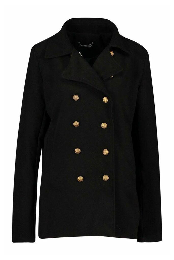 Womens Tall Military Button Wool Look Coat - black - 8, Black