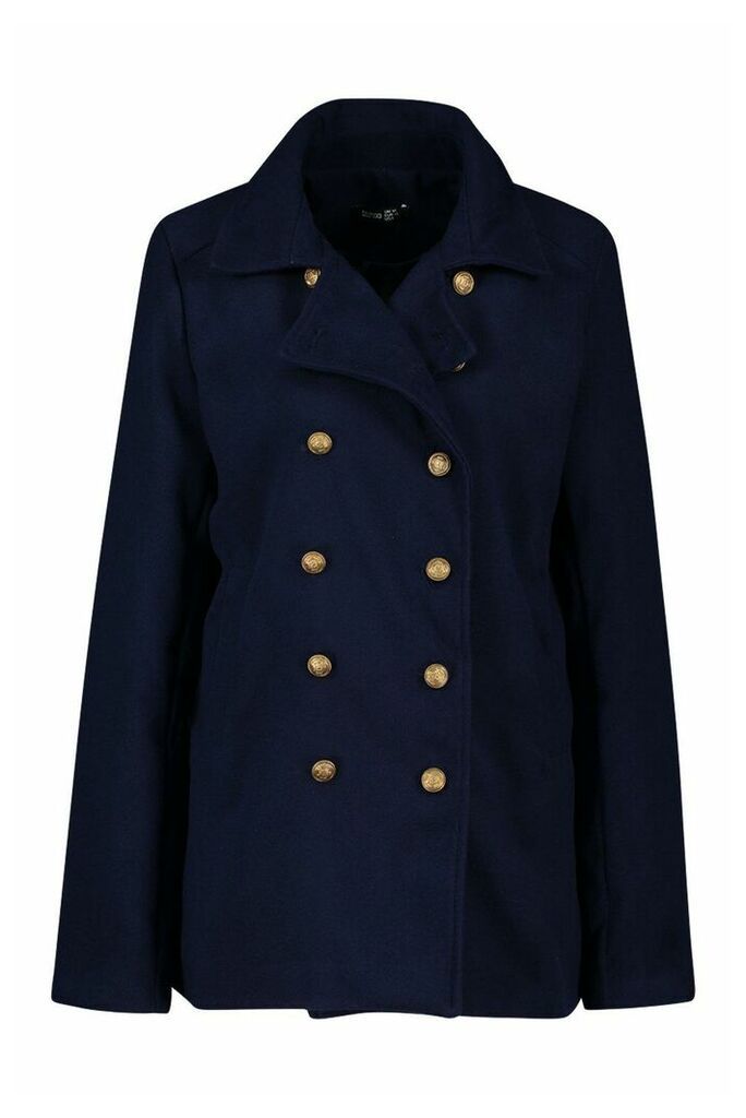 Womens Tall Military Button Wool Look Coat - navy - 10, Navy