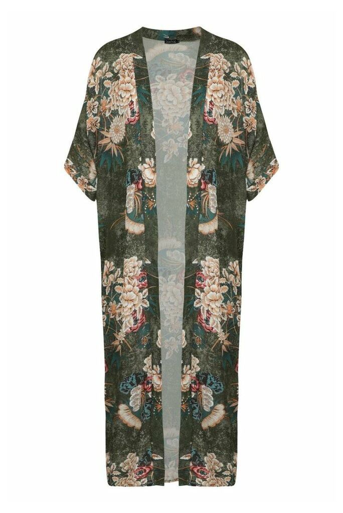Womens Oriental Floral Print Maxi Kimono - Green - S/M, Green