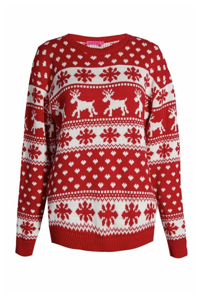 Womens Reindeer Hearts & Snowflake Christmas Jumper - red - M/L, Red