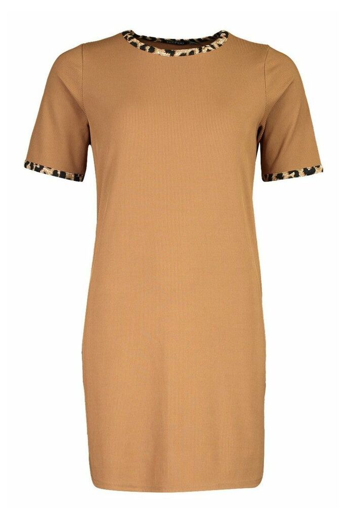 Womens Rib Leopard T-Shirt Dress - Beige - 12, Beige