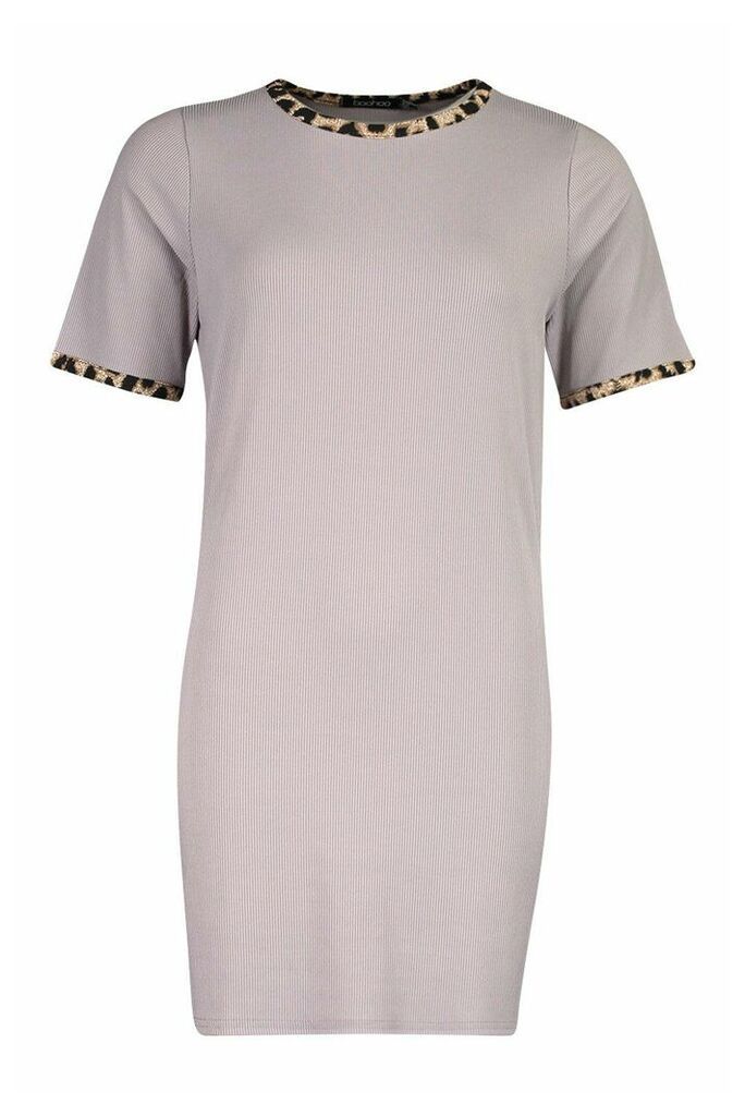 Womens Rib Leopard T-Shirt Dress - grey - 10, Grey