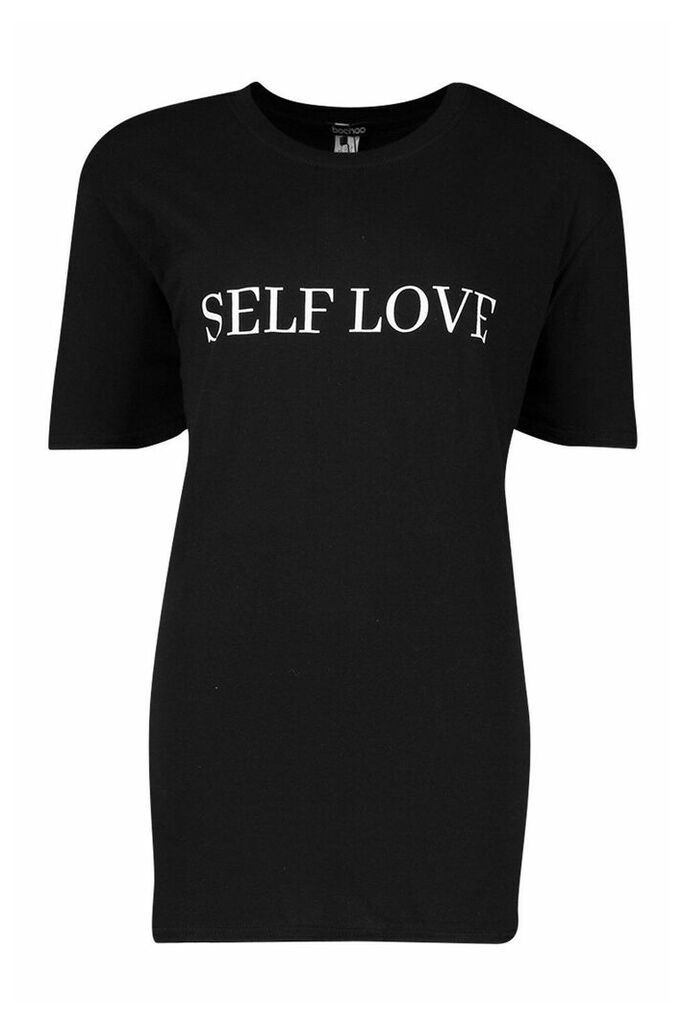 Womens Self Love Slogan T-Shirt - black - 12, Black