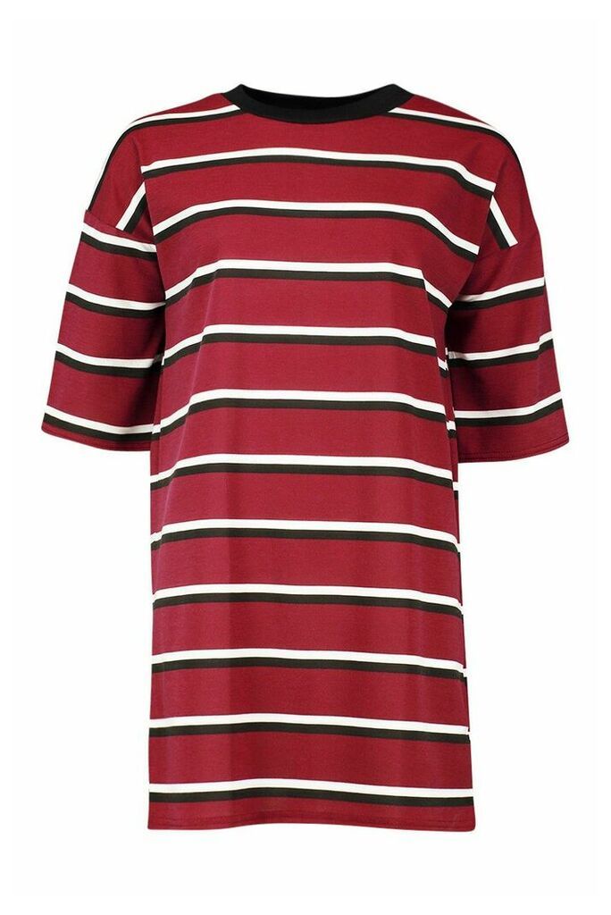 Womens Ringer Striped T-Shirt Dress - red - S, Red