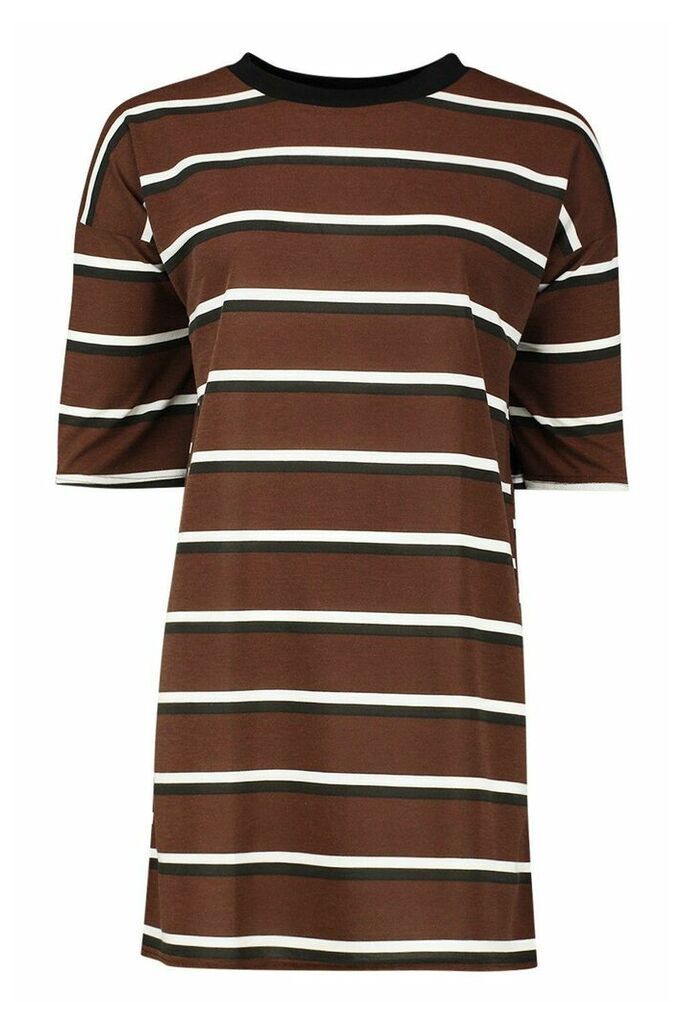 Womens Ringer Striped T-Shirt Dress - brown - M, Brown