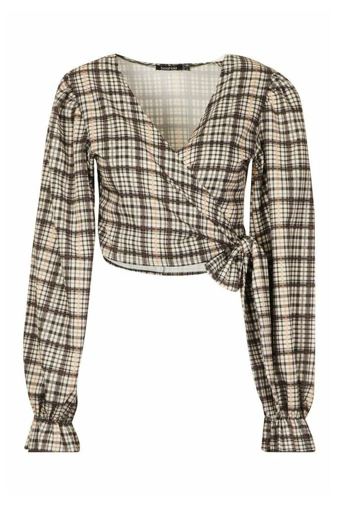 Womens Heritage Check Wrap Over Blouse - brown - 8, Brown