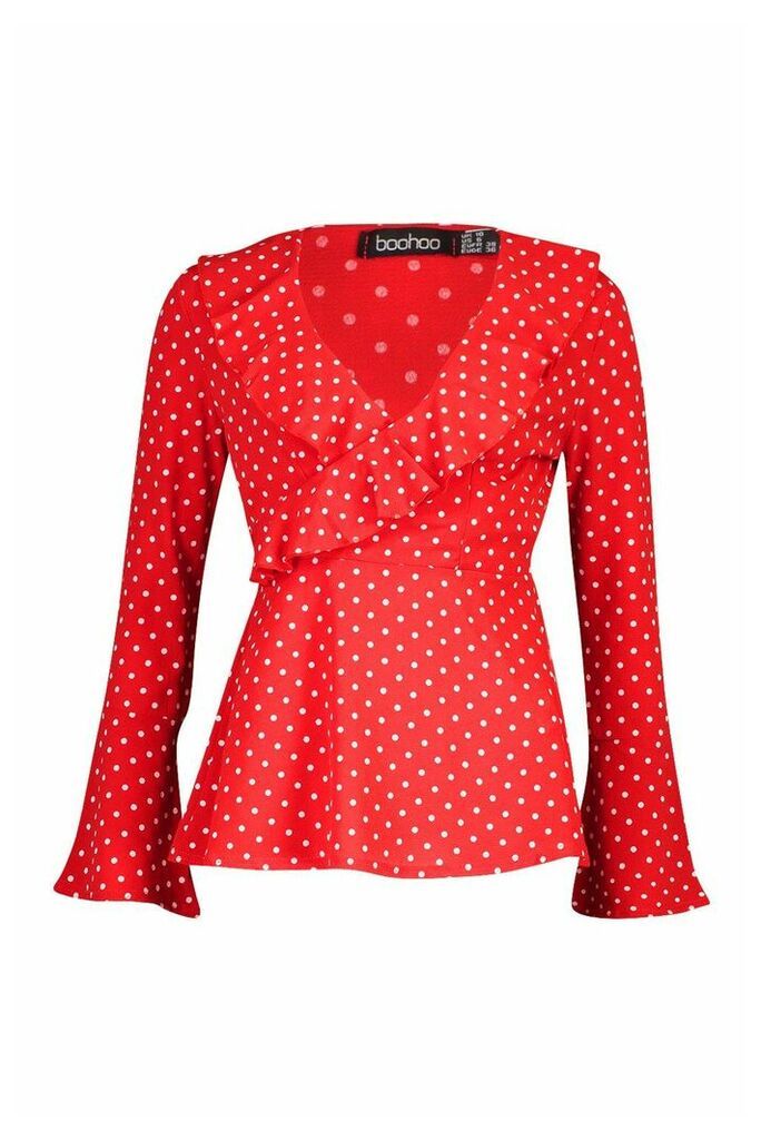 Womens Woven Polka Dot Wrap Over Ruffle Blouse - Red - 8, Red