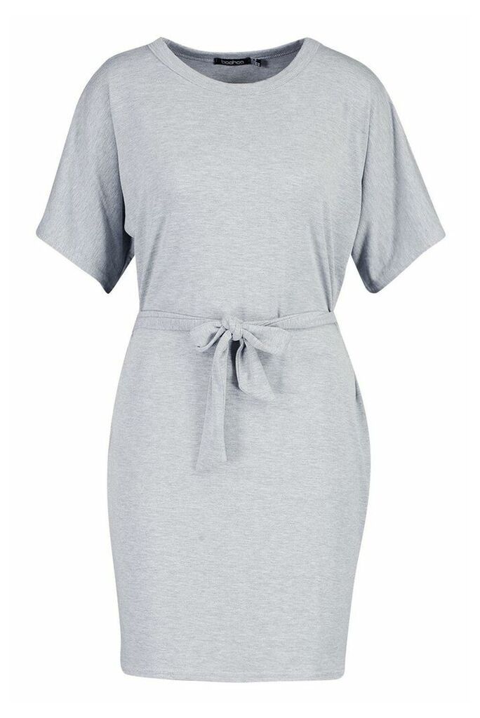 Womens Belted Jersey T-Shirt Dress - Grey - 14, Grey