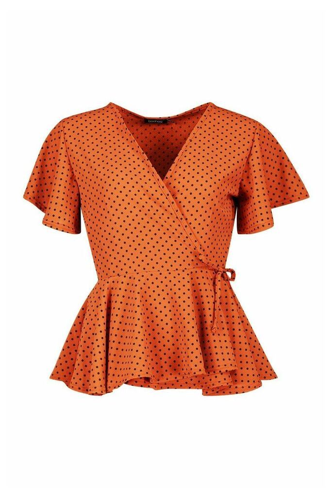 Womens Mini Polka Dot Woven Wrap Top - orange - 12, Orange