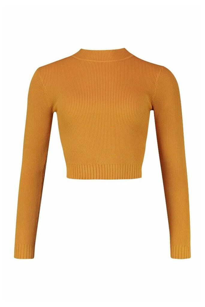 Womens roll/polo neck Knitted Crop Top - yellow - M, Yellow