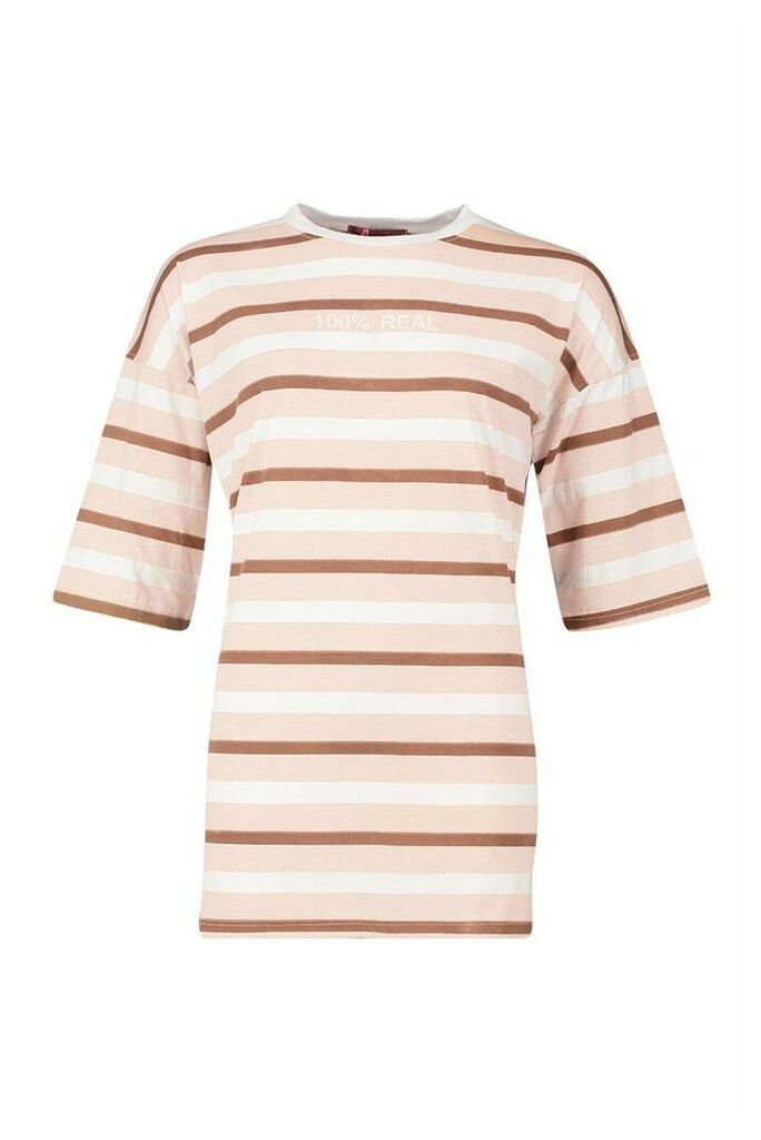 Womens Oversized Striped Embroidered T-Shirt - Beige - 8, Beige