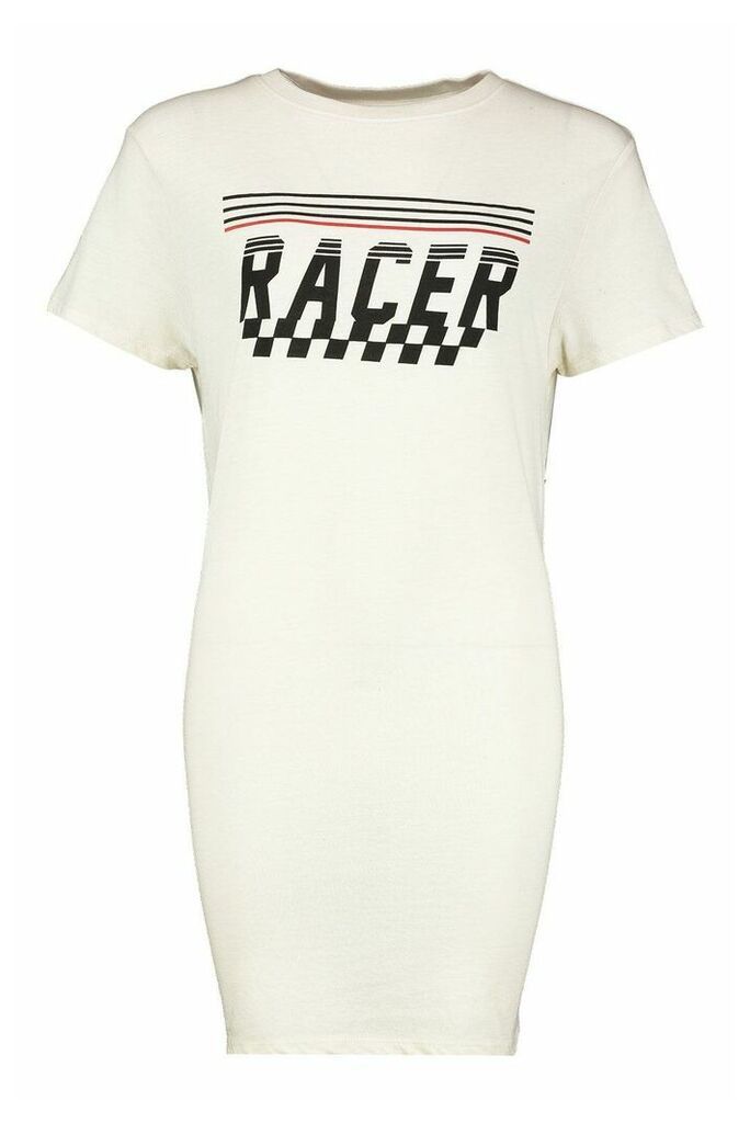 Womens Racer Printed T-Shirt Dress - cream - 10, Cream