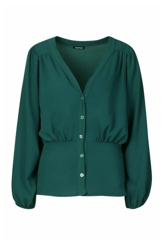 Womens Button Detail V Neck Volume Sleeve Blouse - green - 10, Green