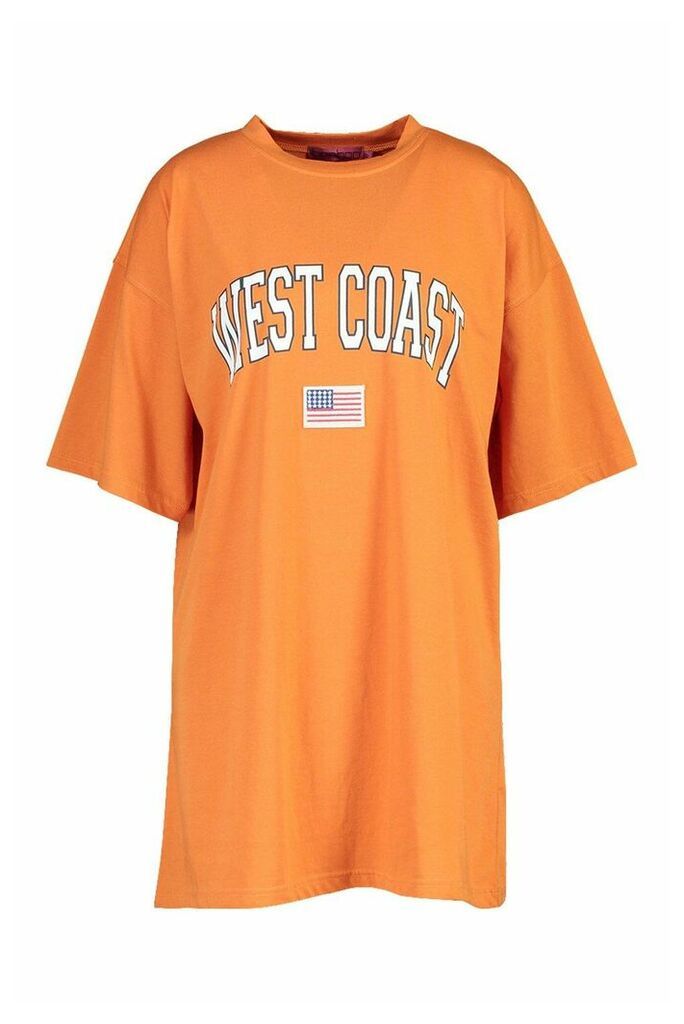 Womens West Coast Badge Detail Oversized T-Shirt Dress - orange - 10, Orange