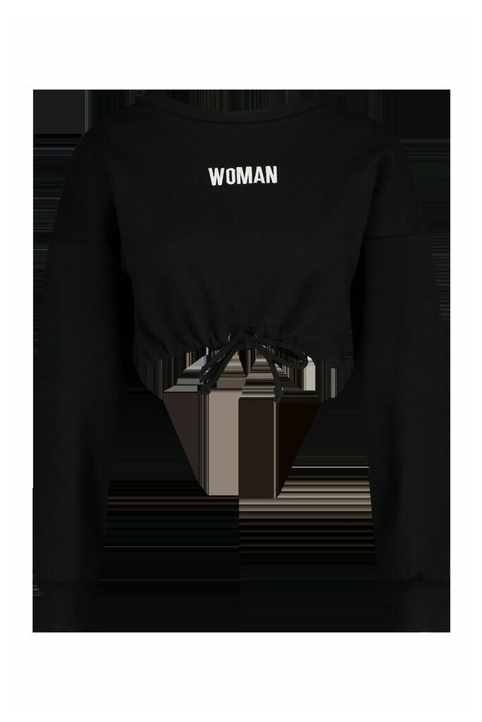 Womens Premium Cropped Ruched Hem Embroidered Sweatshirt - black - M, Black