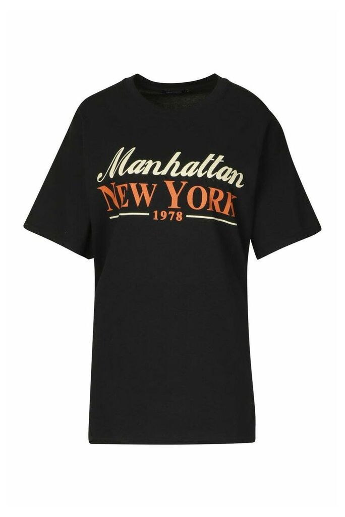 Womens Manhattan New York Slogan T-Shirt - Black - M, Black