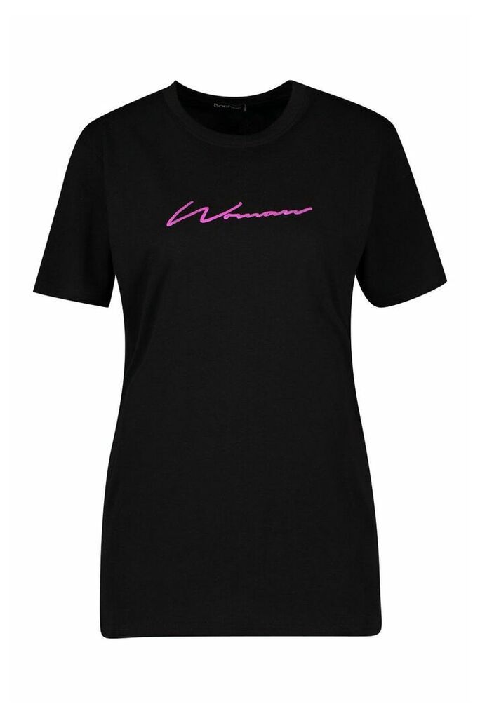 Womens Purple Foil Woman Script Print T-Shirt - black - 8, Black