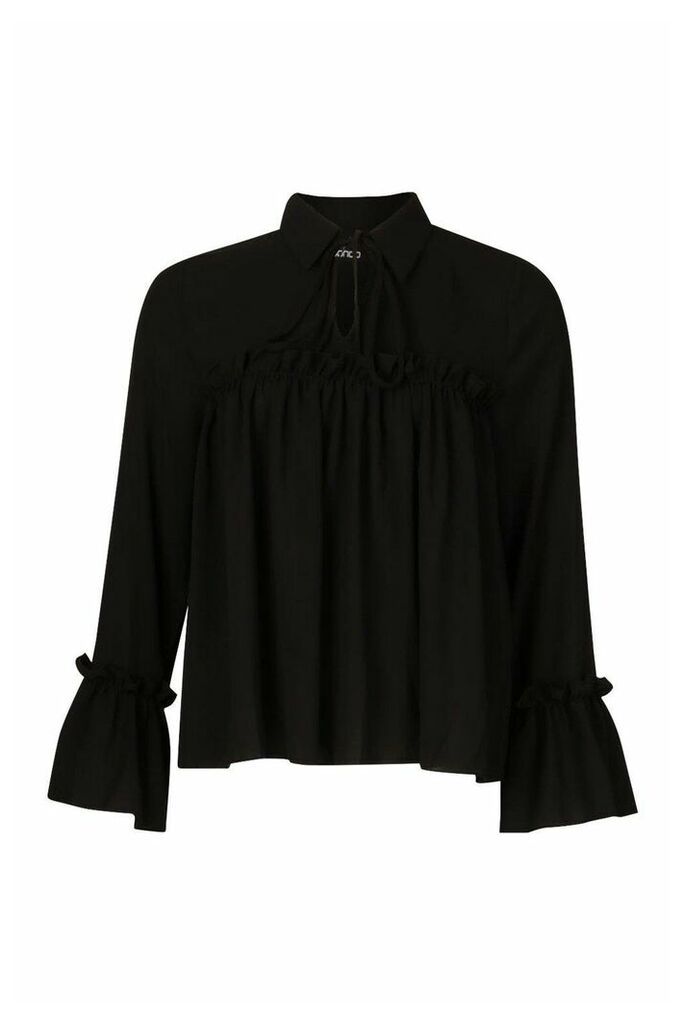 Womens Tie Front Ruffle Detail Woven Smock Top - Black - 8, Black