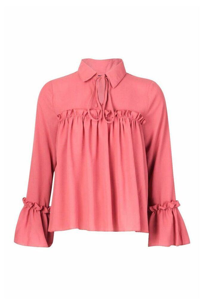 Womens Tie Front Ruffle Detail Woven Smock Top - pink - 12, Pink