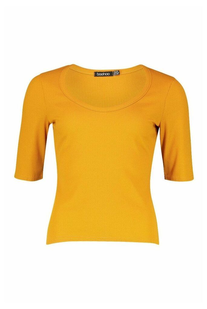 Womens Ribbed Scoop Neck Short Sleeve Top - yellow - 8, Yellow