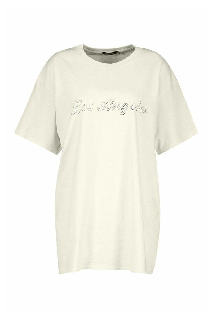Womens Oversized Los Angeles Rhinestone T-Shirt - cream - M, Cream