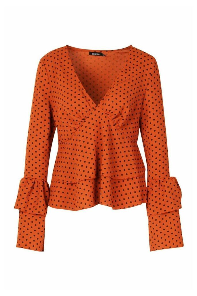 Womens Polka Dot Ruffle Sleeve Top - orange - 8, Orange