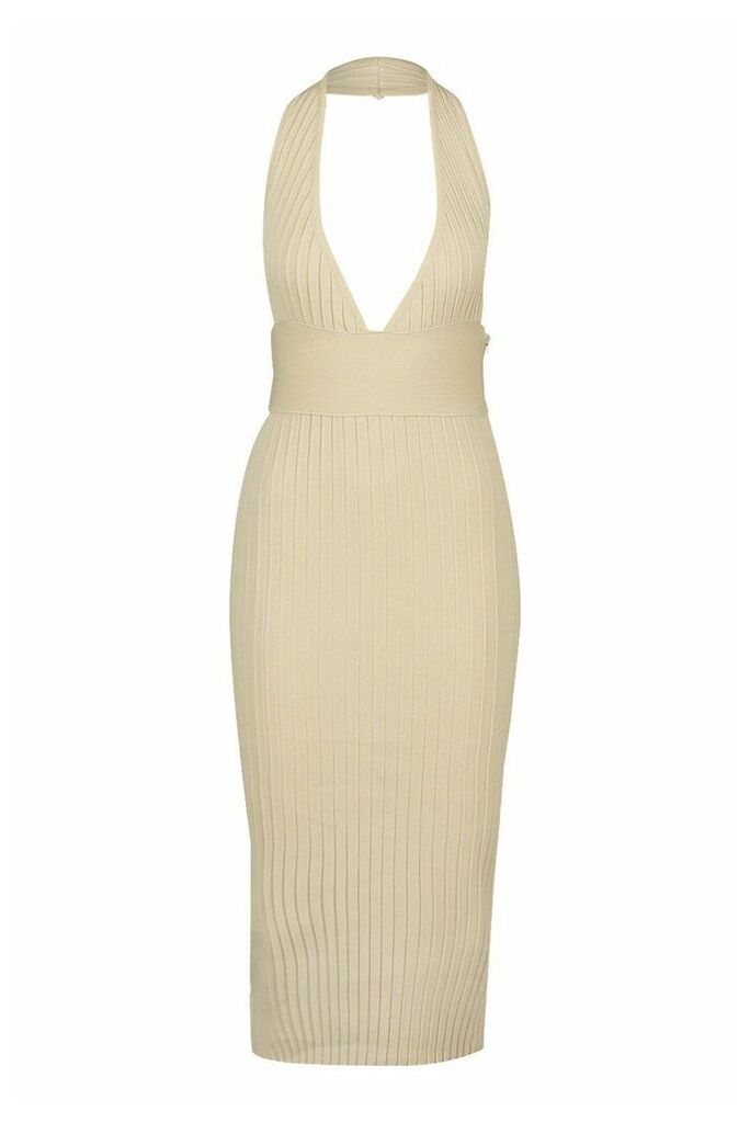 Womens Premium Plunge Rib Knit Midaxi Dress - beige - S, Beige