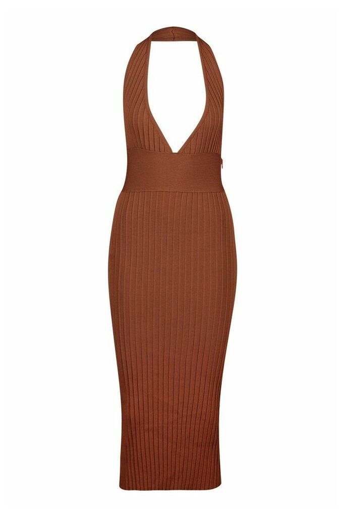 Womens Premium Plunge Rib Knit Midaxi Dress - brown - S, Brown