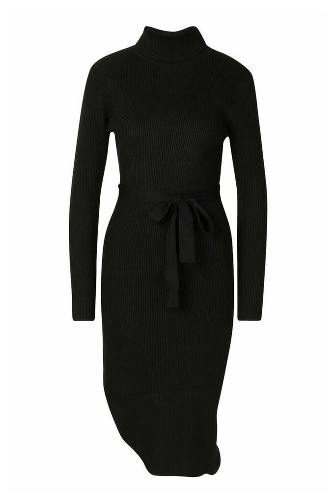 Womens Roll Neck Knitted Slit Side Midi Dress - black - L, Black