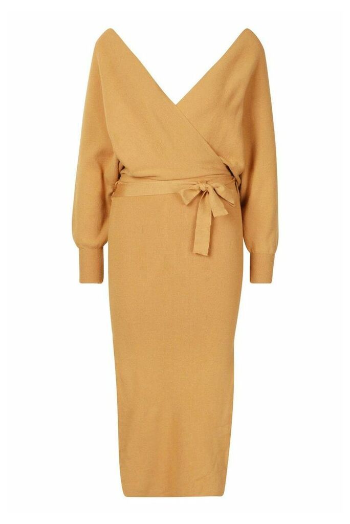Womens Knitted Off The Shoulder Midi Dress - beige - L, Beige