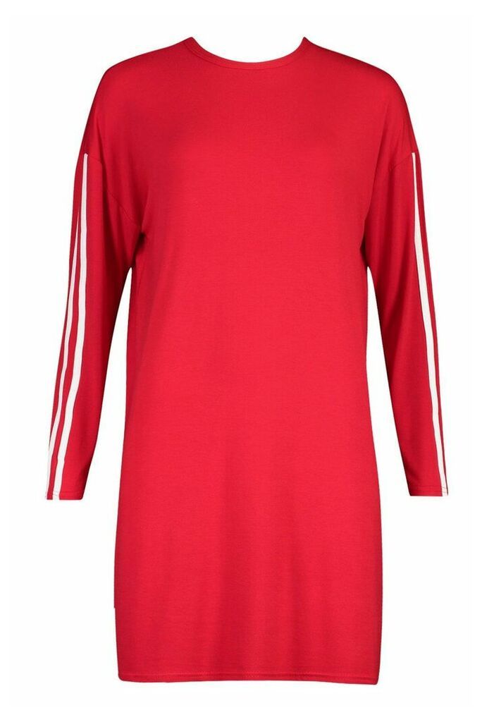 Womens Long Sleeve contrast Stripe T-Shirt Dress - red - 8, Red