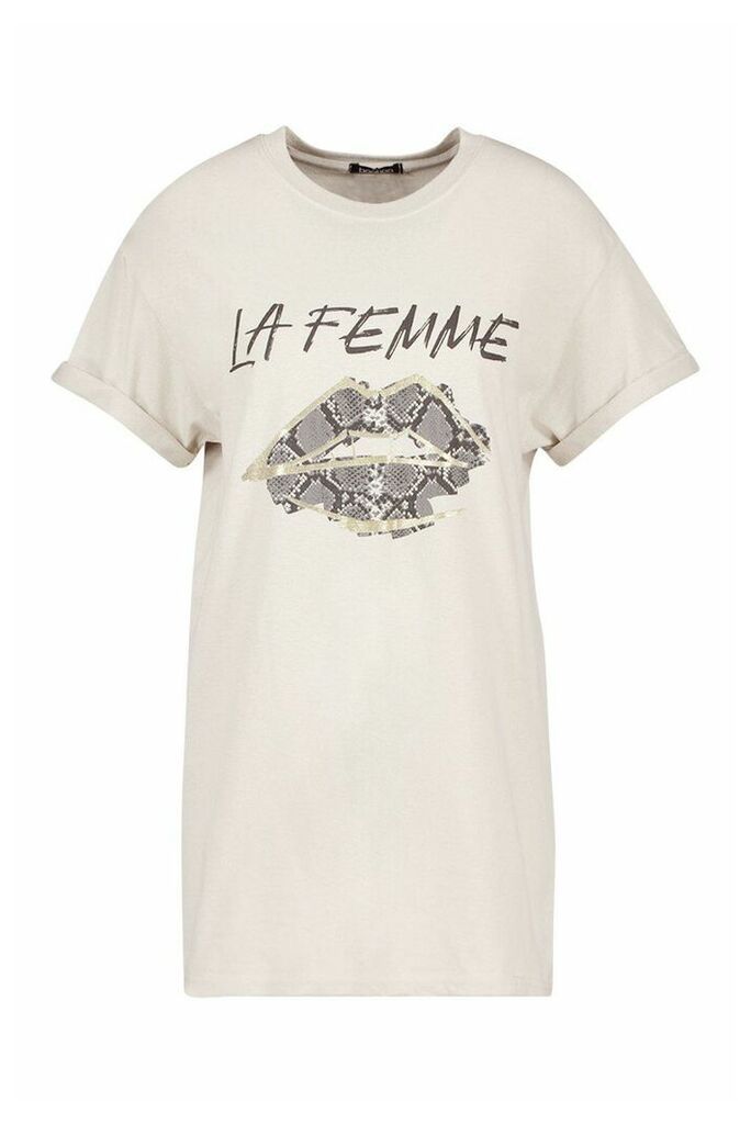 Womens Snake Lips Foil Print T-Shirt - Beige - L, Beige