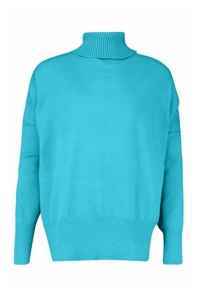 Womens Oversized Balloon Sleeve roll/polo neck Knitted Jumper - blue - S/M, Blue