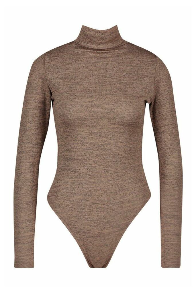 Womens Marl Knit Roll Neck Bodysuit - brown - 10, Brown