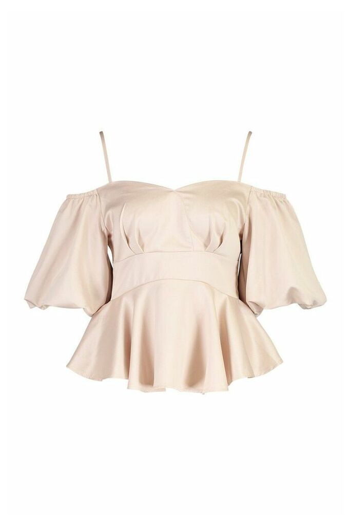 Womens Satin Puff Sleeve Peplum Top - Beige - 8, Beige