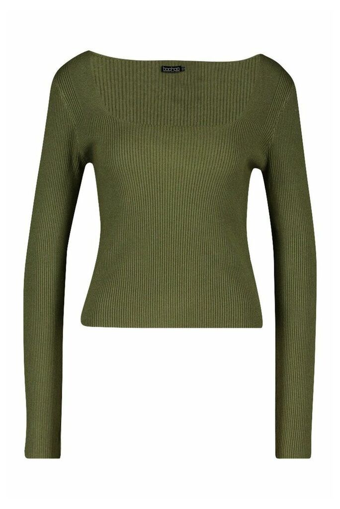 Womens Square Neck Knitted Long Sleeve Top - green - M, Green