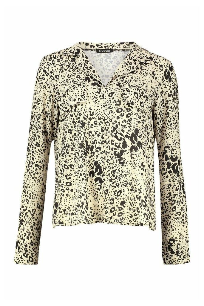 Womens Leopard Print Utility Woven Blouse - beige - 10, Beige