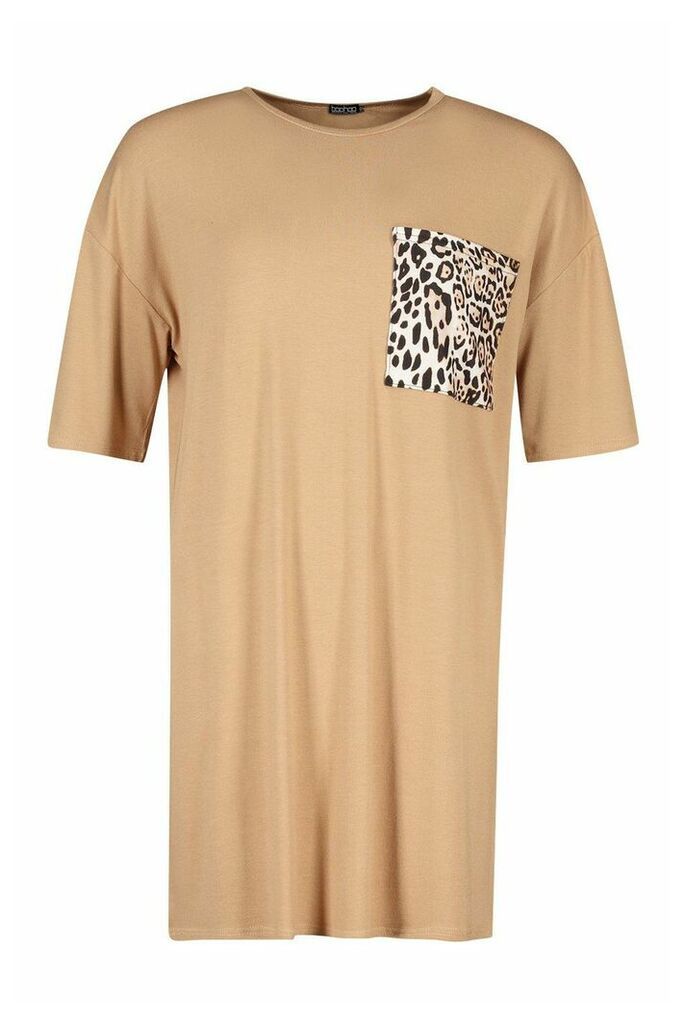 Womens Leopard Pocket T-Shirt Dress - Beige - 10, Beige