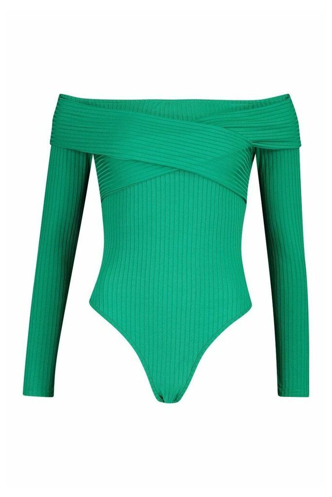 Womens Jumbo Rib Wrap Front Over The Shoulder Bodysuit - Green - 10, Green