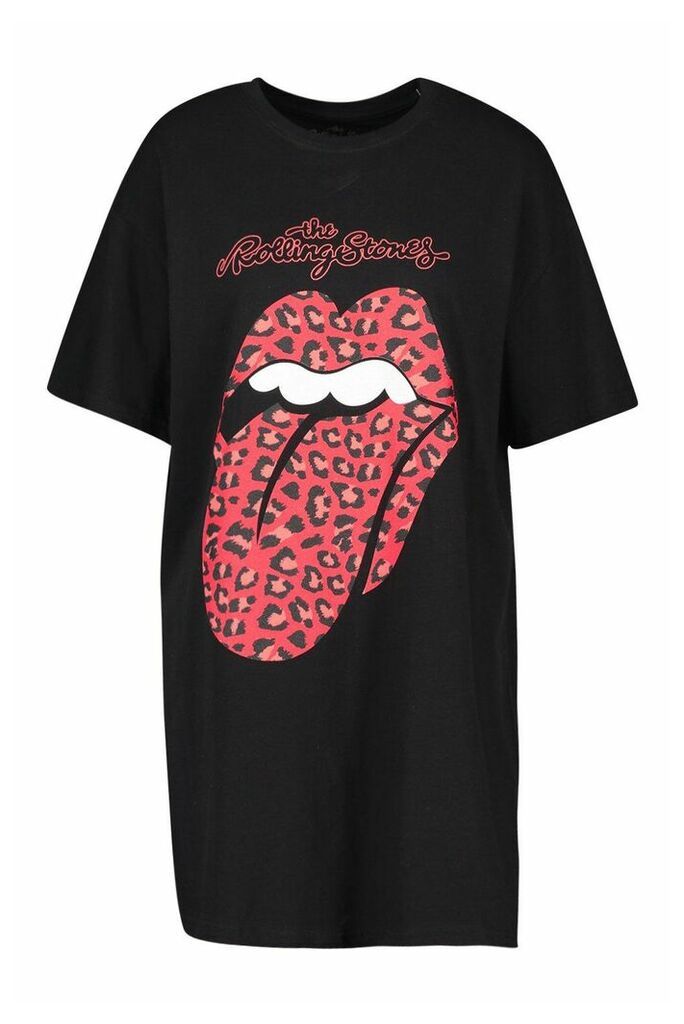 Womens Rolling Stones Leopard Lips Licensed T-Shirt Dress - Black - 16, Black