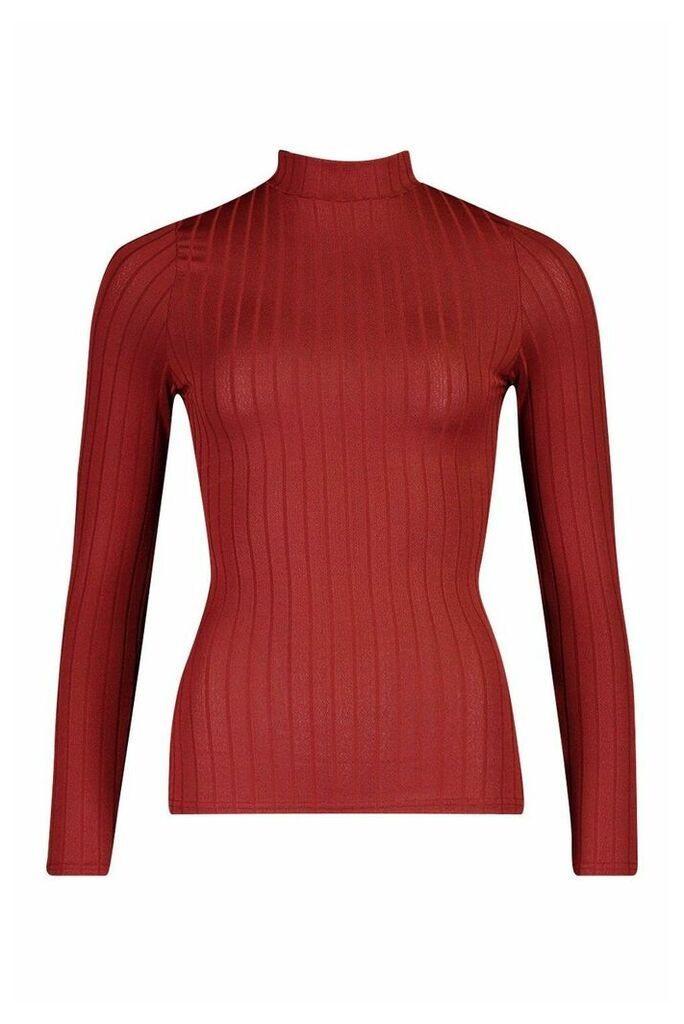 Womens Recycled Wide Rib roll/polo neck Top - red - 12, Red
