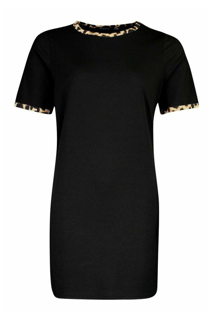 Womens Rib Leopard T-Shirt Dress - Black - 8, Black